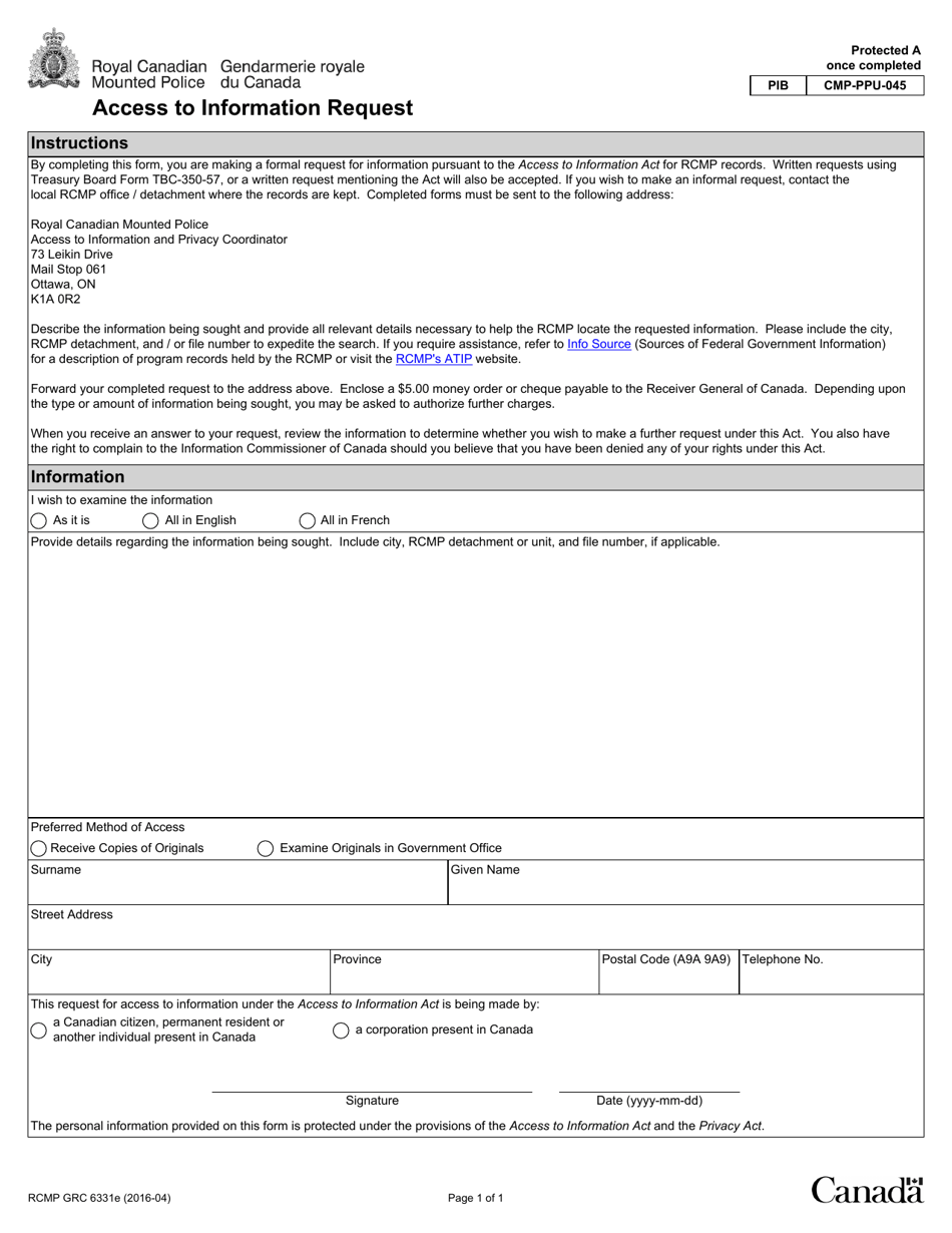 Form RCMP GRC6331 Access to Information Request - Canada, Page 1