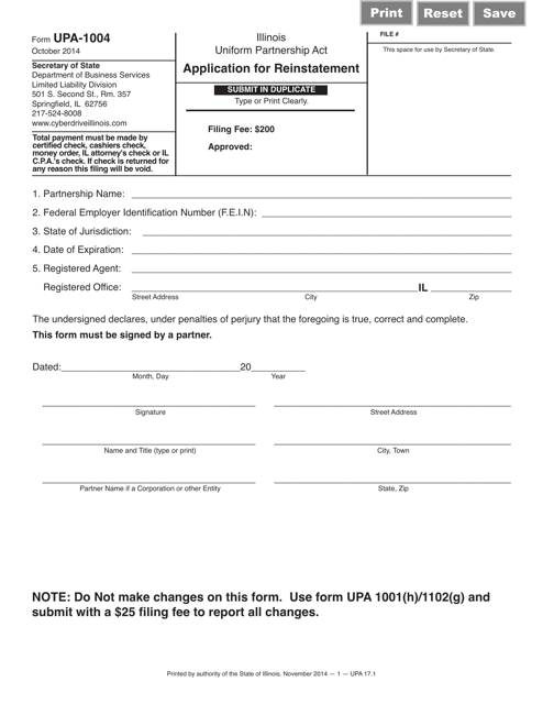 Form UPA-1004 Application for Reinstatement - Illinois