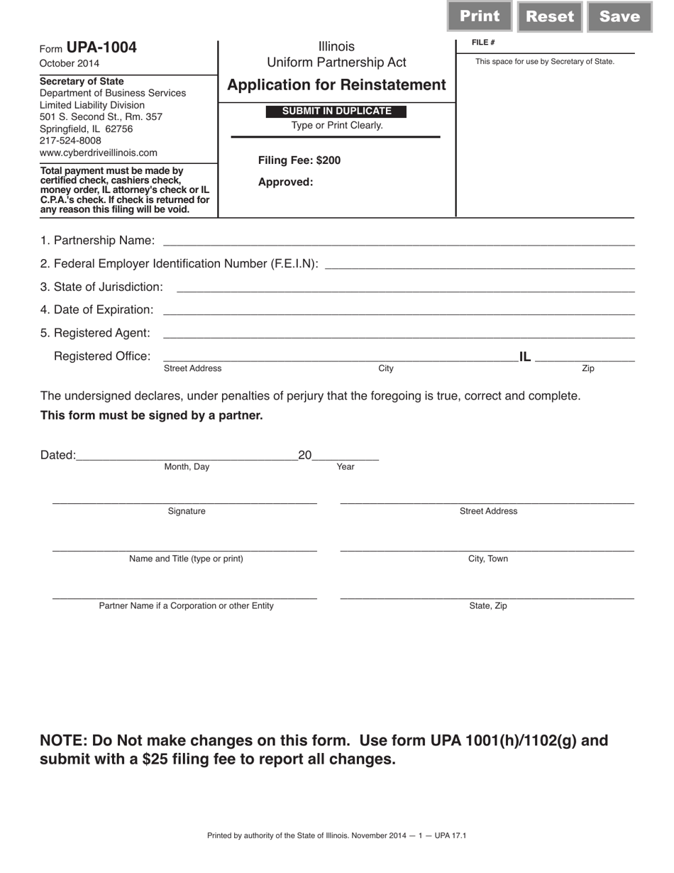 Form UPA-1004 Application for Reinstatement - Illinois, Page 1