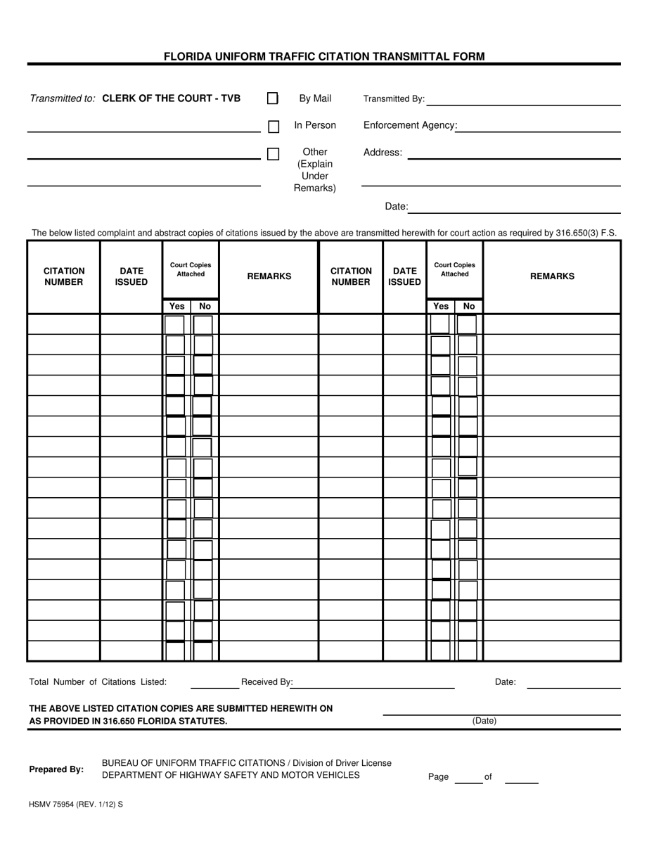 Form HSMV75954 Florida Uniform Traffic Citation Transmittal Form - Florida, Page 1