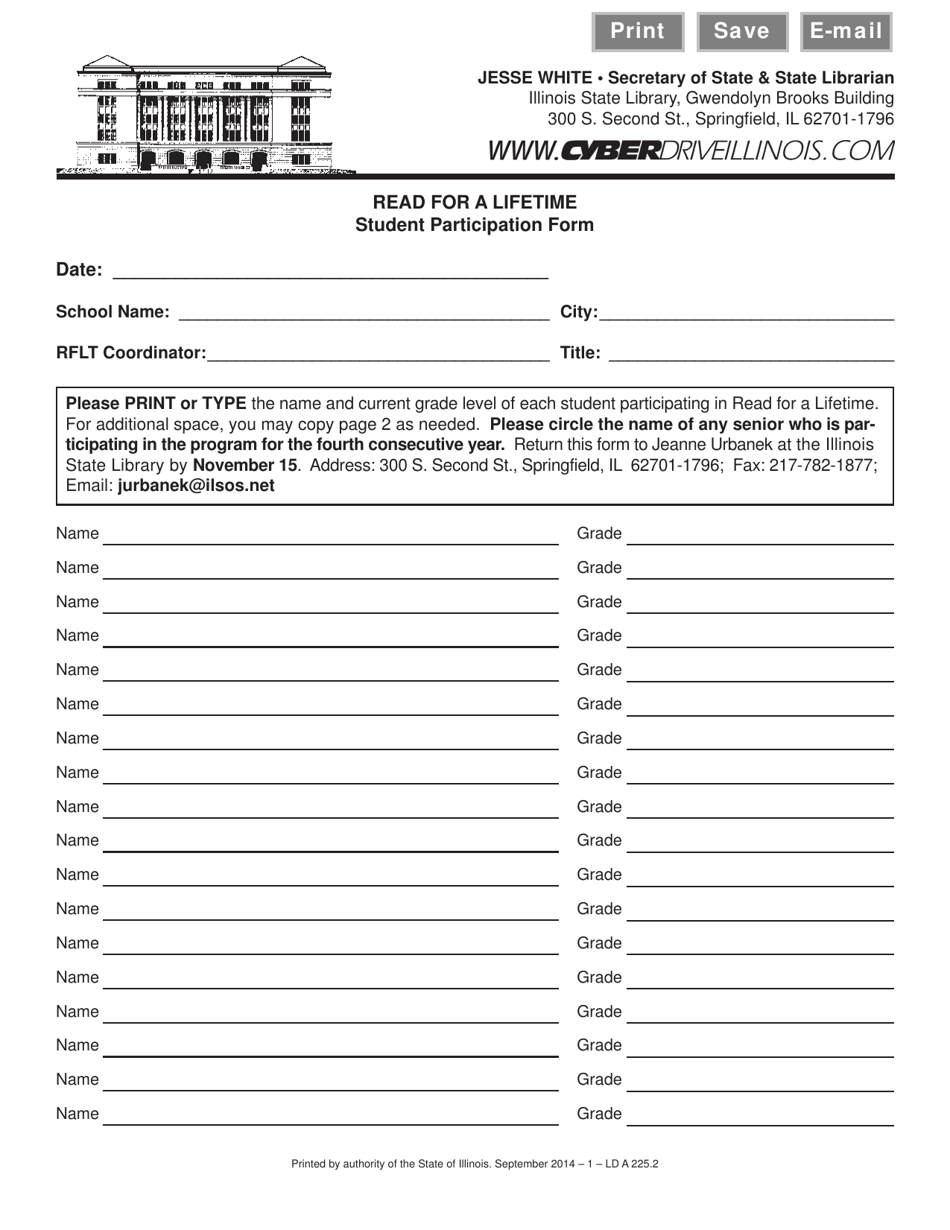 Form LD A225 Read for a Lifetime Student Participation Form - Illinois, Page 1