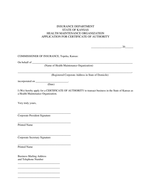 Health Maintenance Organization Application for Certificate of Authority - Kansas