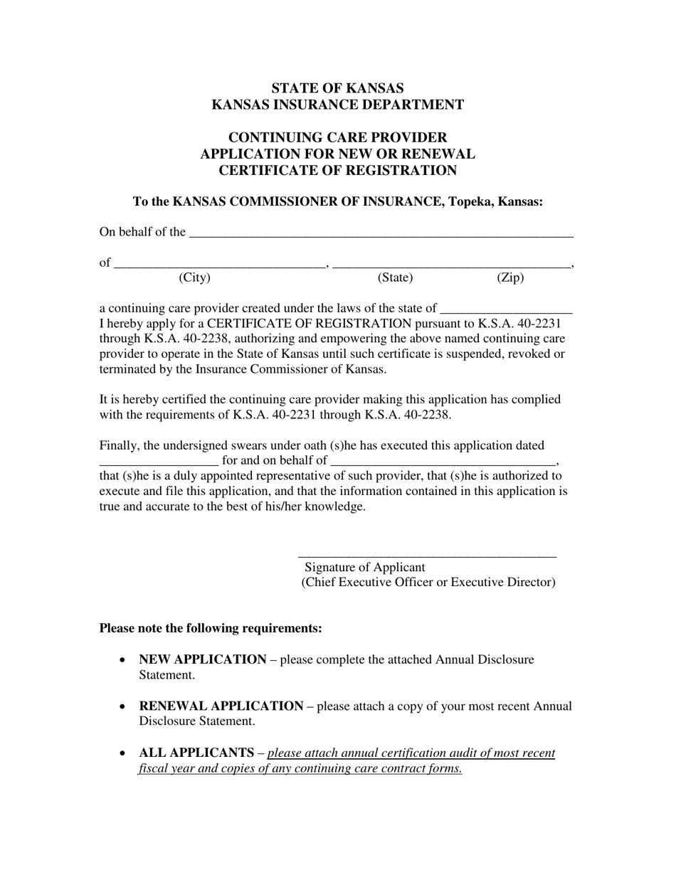 Continuing Care Provider Application for New or Renewal Certificate of Registration - Kansas, Page 1
