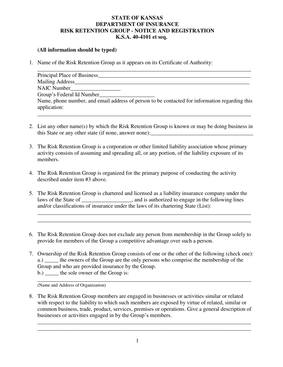 Risk Retention Group - Notice and Registration - Kansas, Page 1