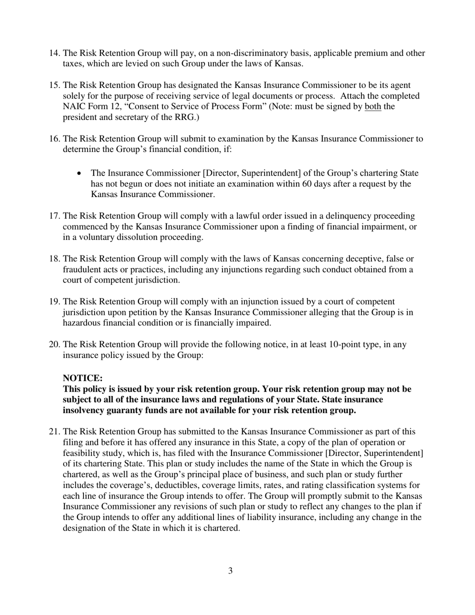Risk Retention Group - Notice and Registration - Kansas, Page 3