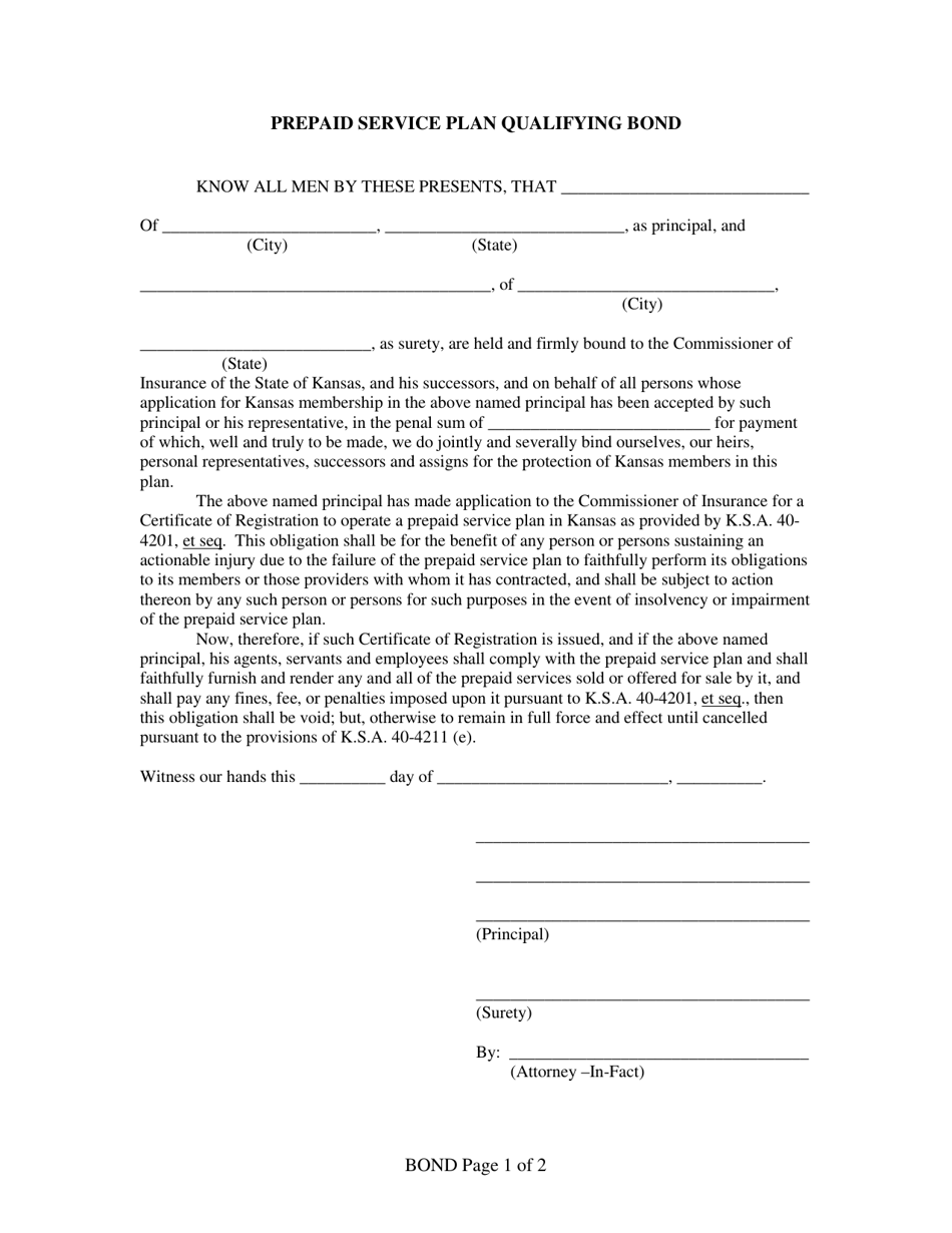 Prepaid Service Plan Qualifying Bond - Kansas, Page 1