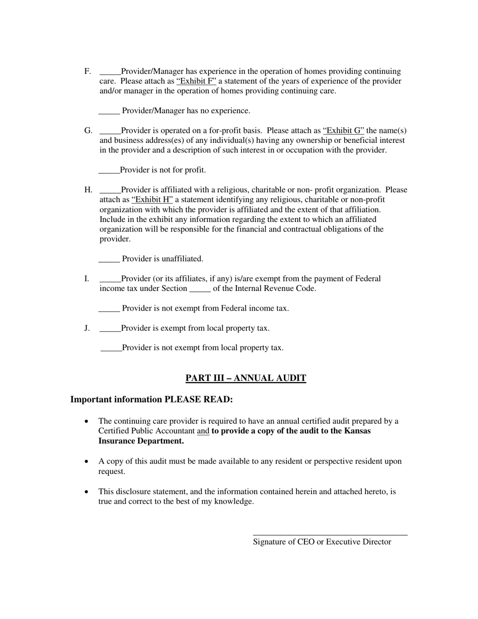 Continuing Care Provider Annual Disclosure Statement - Kansas, Page 3