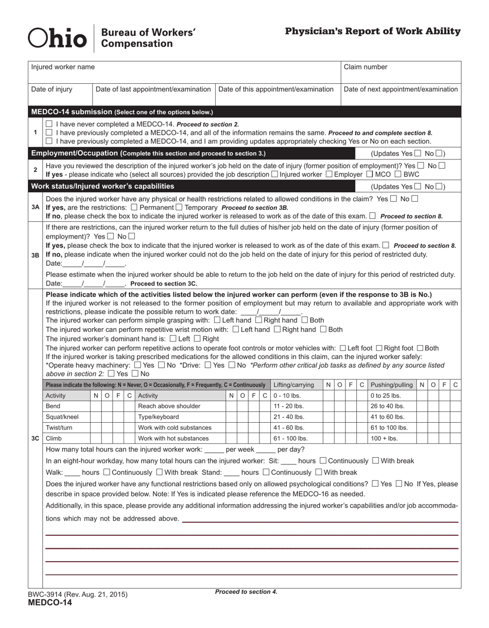 Form MEDCO-14 (BWC-3914) Physicians Report of Work Ability - Ohio, Page 3