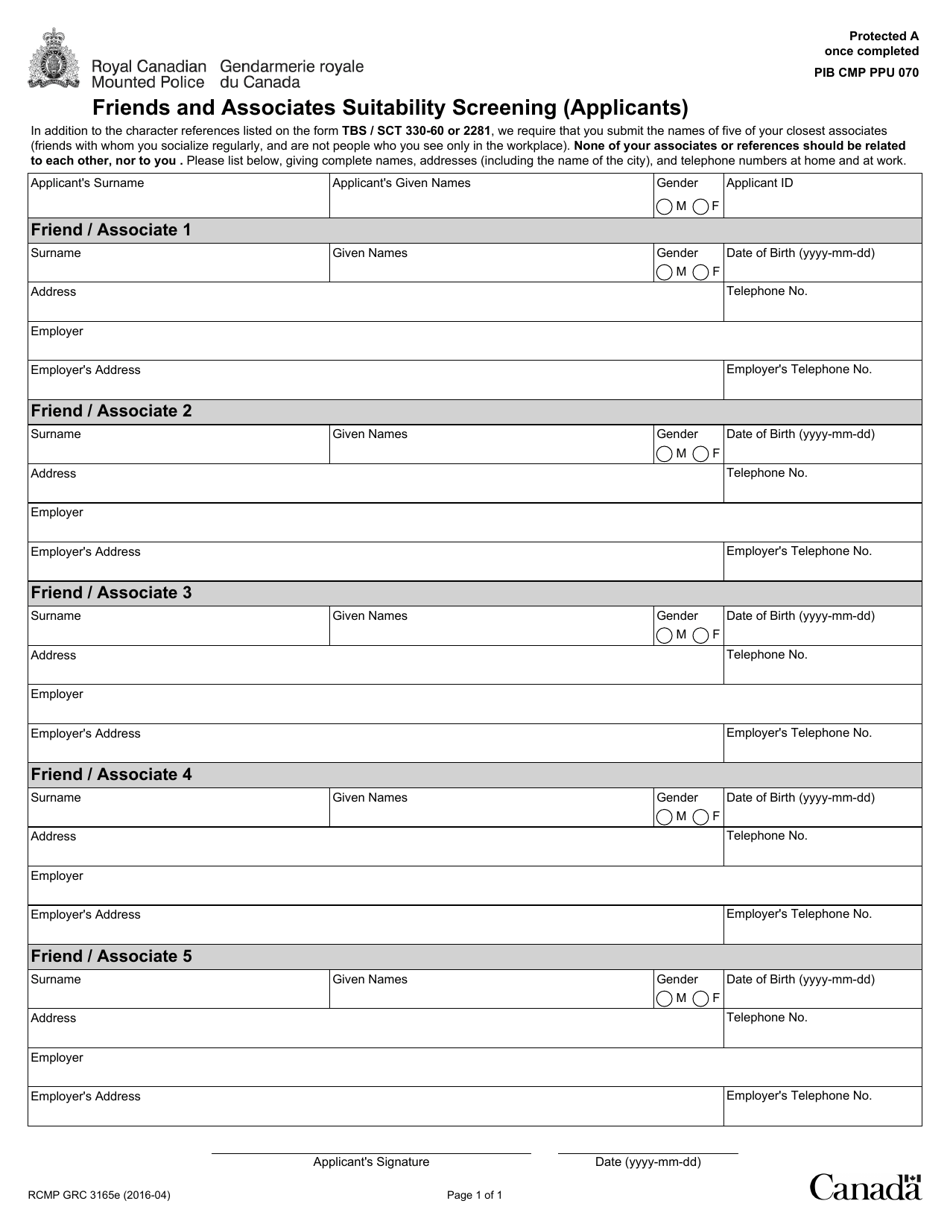 Form RCMP GRC3165 Friends and Associates Suitability Screening (Applicants) - Canada, Page 1