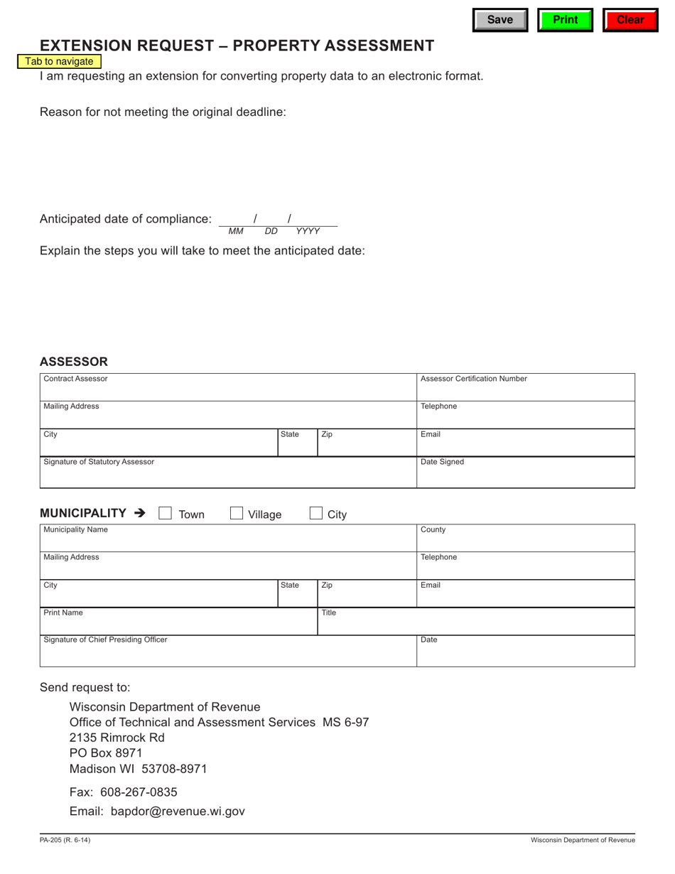 Form PA-205 Extension Request - Property Assessment - Wisconsin, Page 1