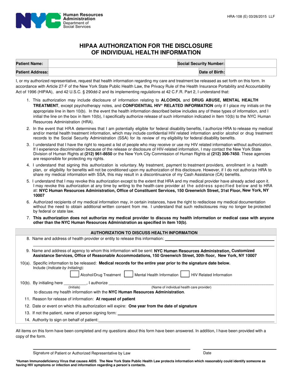 Form HRA-108 HIPAA Authorization for the Disclosure of Individual Health Information - New York City, Page 1