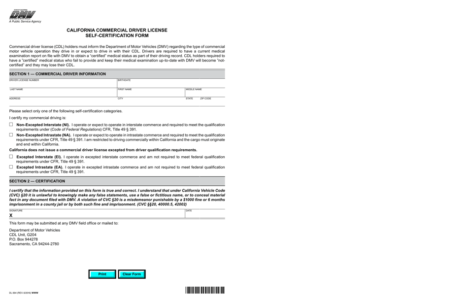 Form DL694 California Commercial Driver License Self-certification Form - California, Page 1