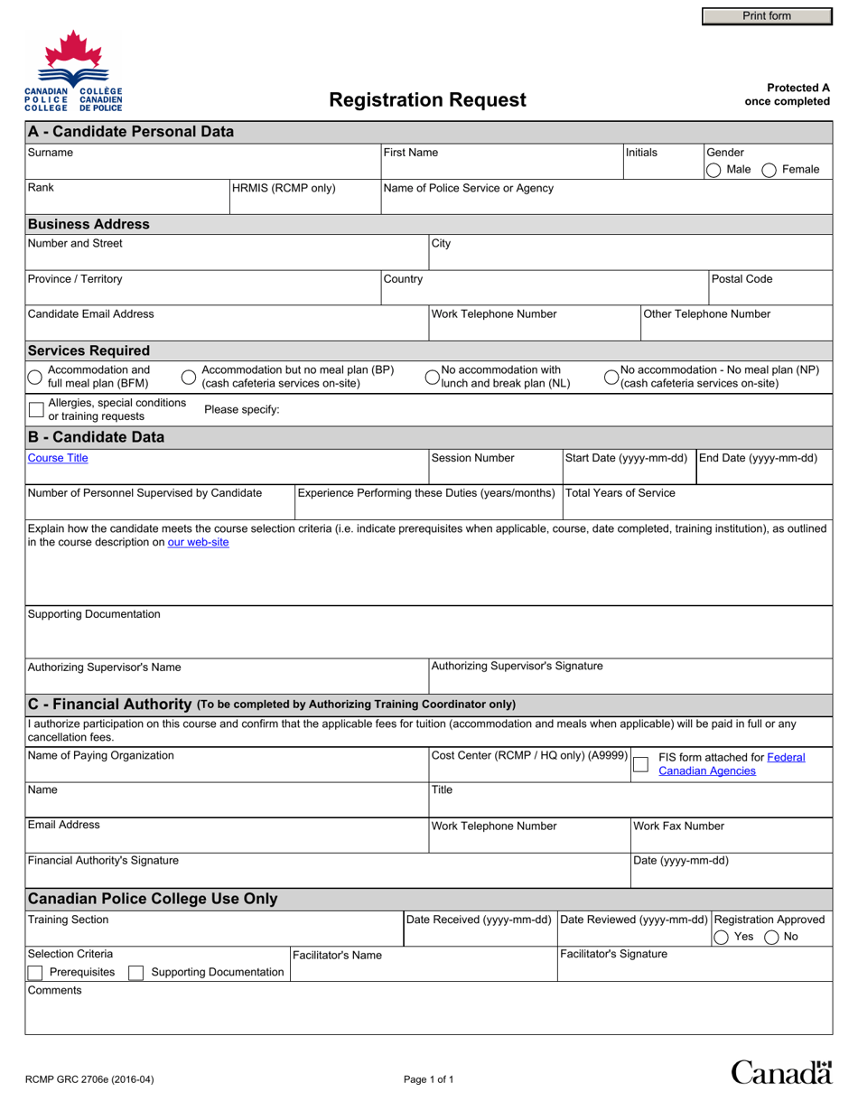 Form RCMP GRC2706 Registration Request - Canada, Page 1