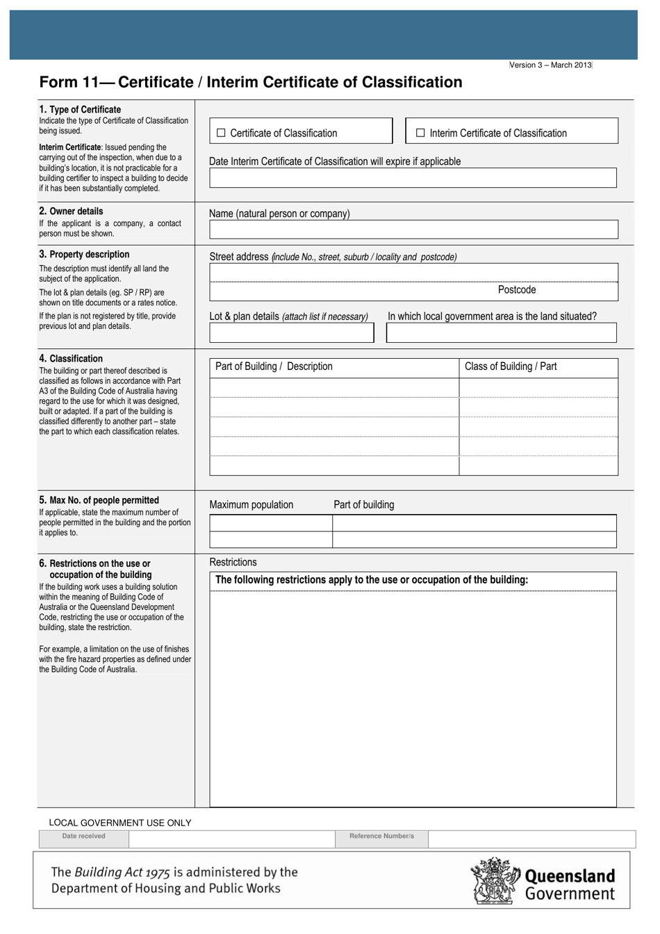 Form 11 Certificate/Interim Certificate of Classification - Queensland, Australia, Page 1