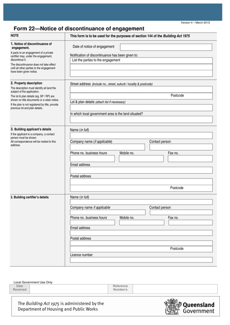 Form 22 Notice of Discontinuance of Engagement - Queensland, Australia