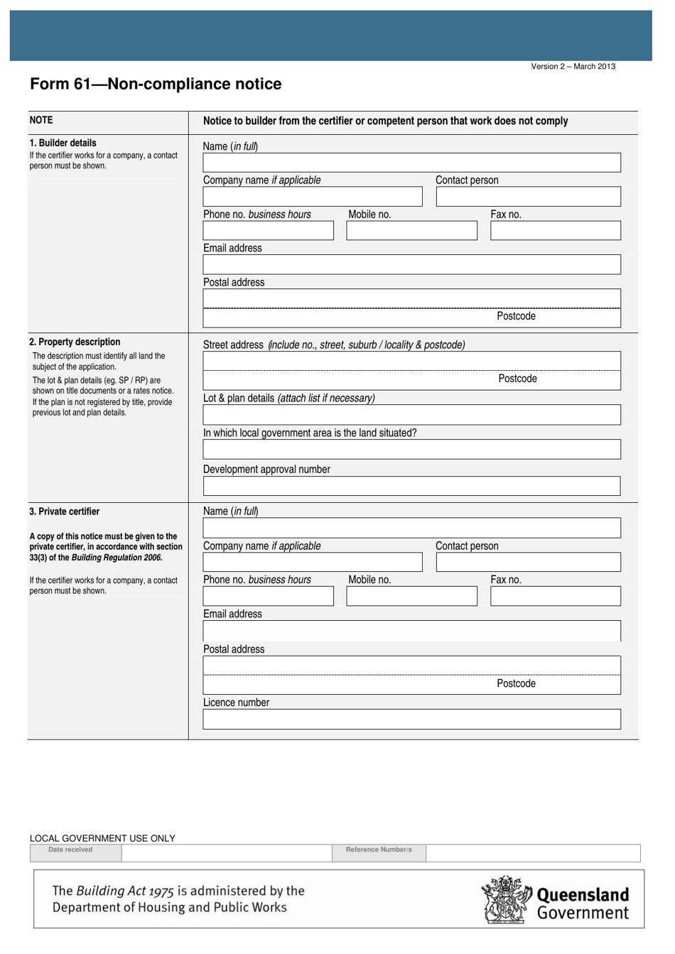 Form 61 Non-compliance Notice - Queensland, Australia, Page 1