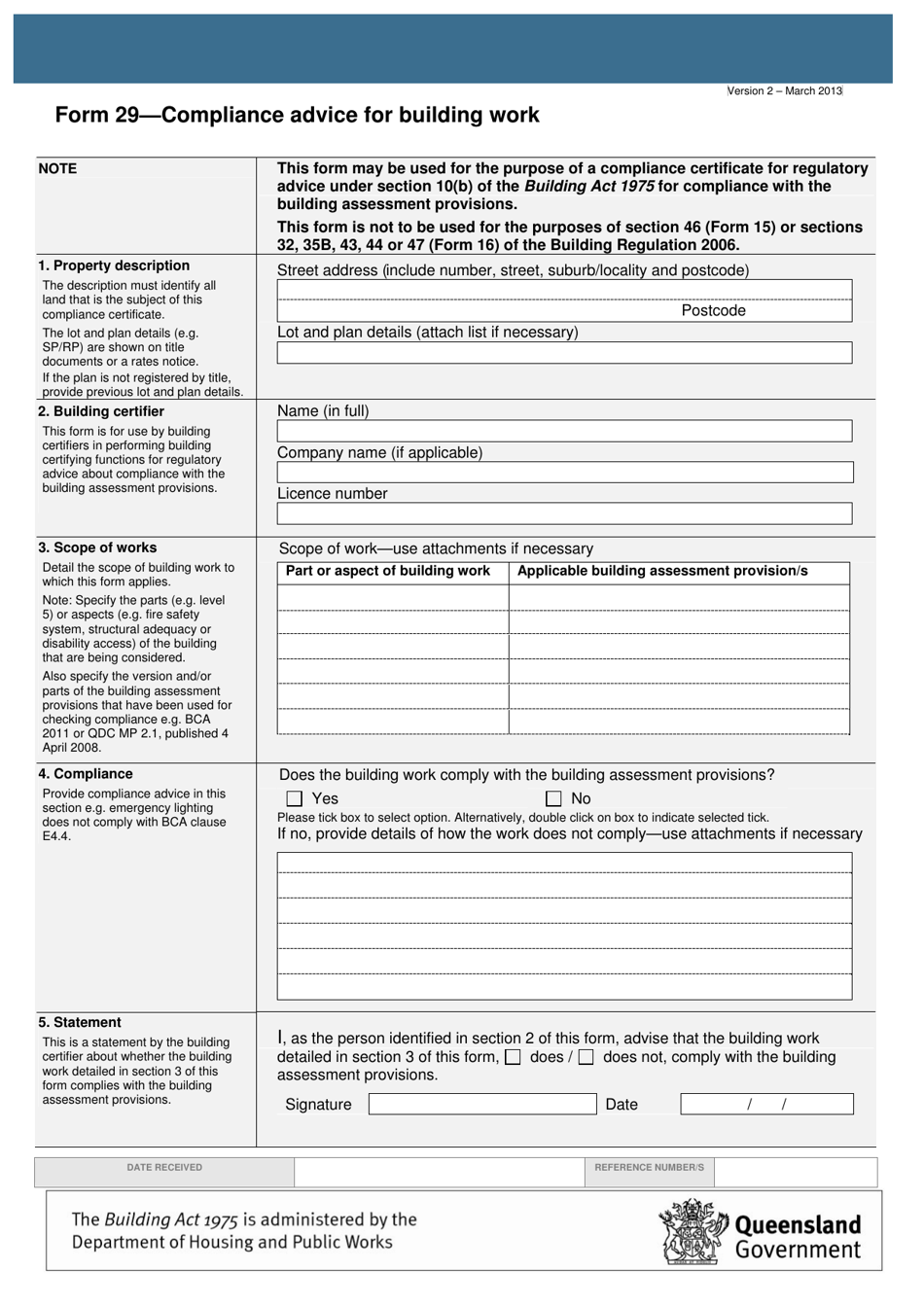 Form 29 Compliance Advice for Building Work - Queensland, Australia, Page 1
