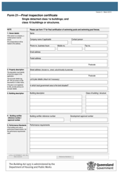 Form 21 Final Inspection Certificate - Queensland, Australia