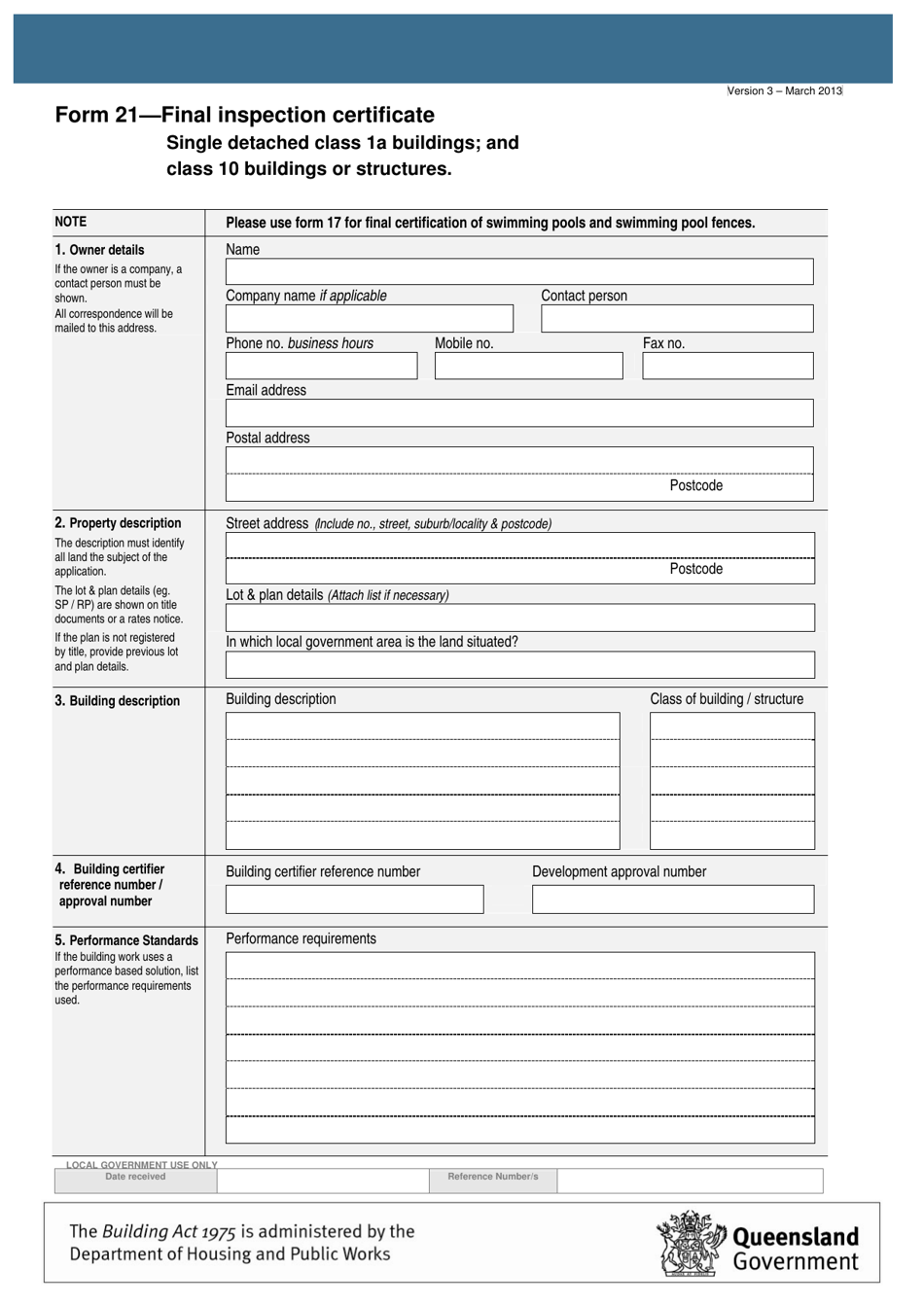 Form 21 Final Inspection Certificate - Queensland, Australia, Page 1