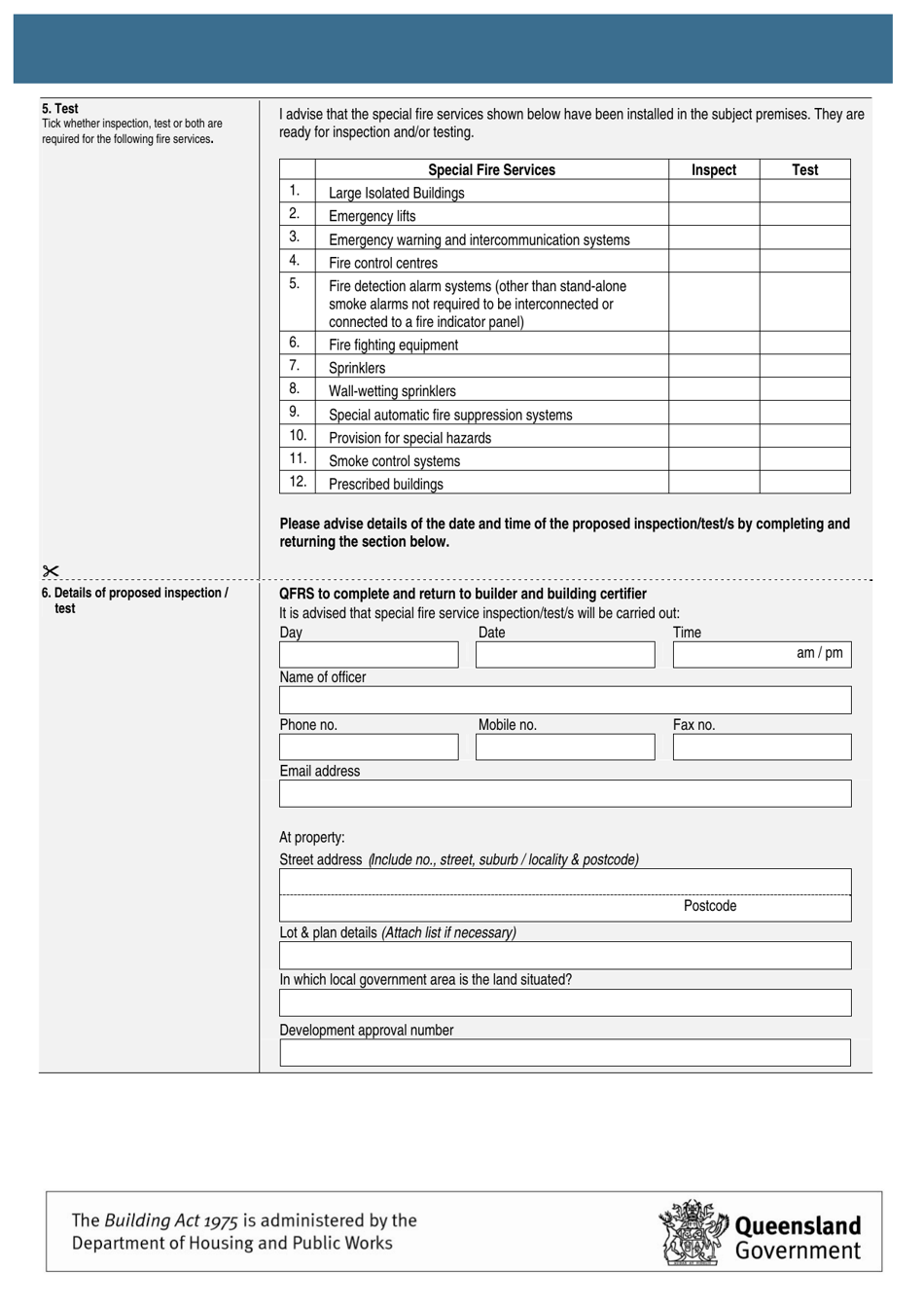 Form 59 Notice to Inspect / Test Special Fire Services. Notice to Referral Agency to Inspect - Queensland, Australia, Page 2