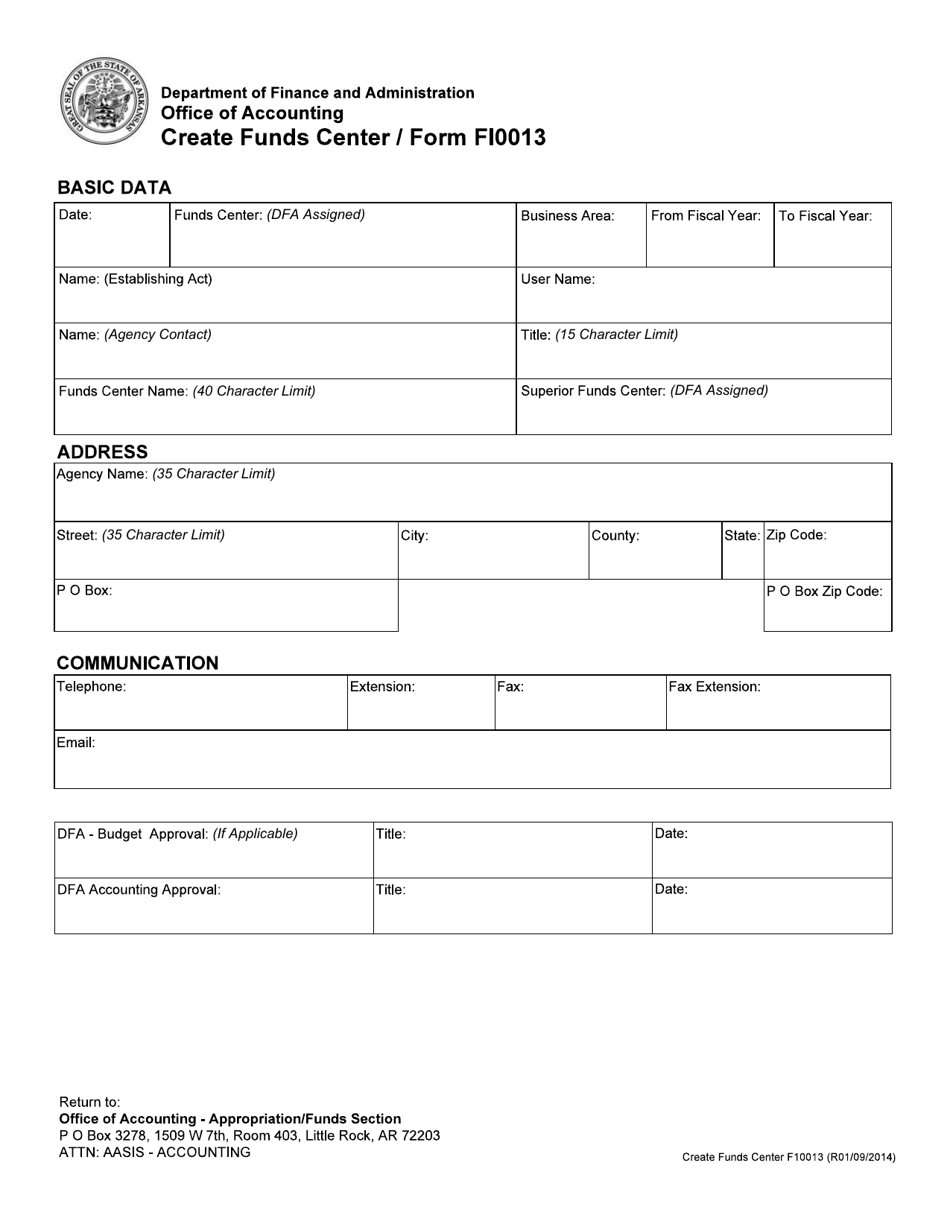 Form FI0013 Create Funds Center Form - Arkansas, Page 1