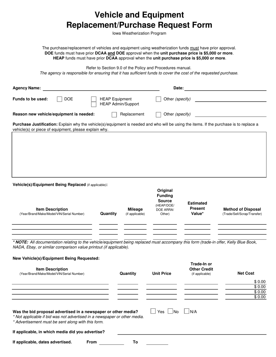 Iowa Vehicle And Equipment Replacement Purchase Request Form - Fill Out 