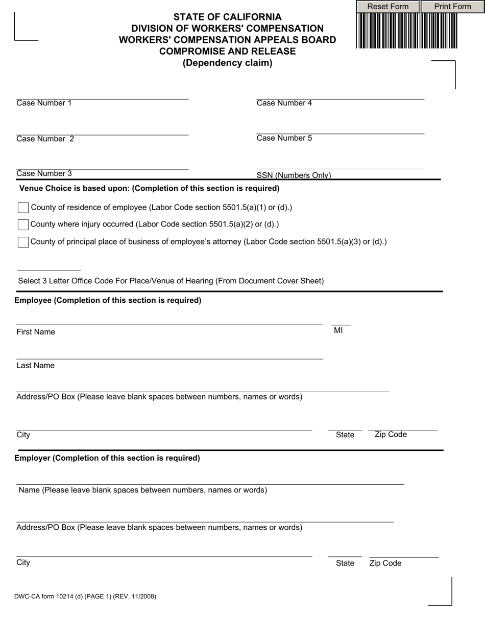 DWC-CA Form 10214(D) Compromise and Release (Dependency Claim) - California, Page 1
