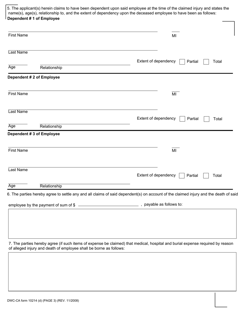 DWC-CA Form 10214(D) Compromise and Release (Dependency Claim) - California, Page 3