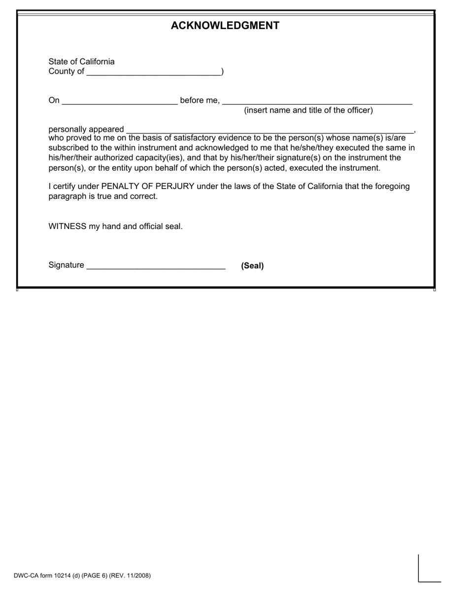 DWC-CA Form 10214(D) Compromise and Release (Dependency Claim) - California, Page 6