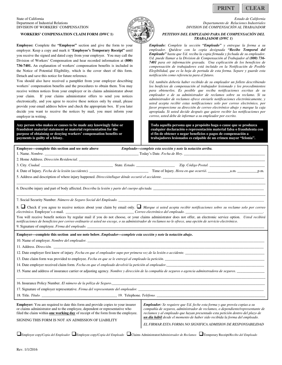 Form DWC1 Workers Compensation Claim Form - California (English / Spanish), Page 4
