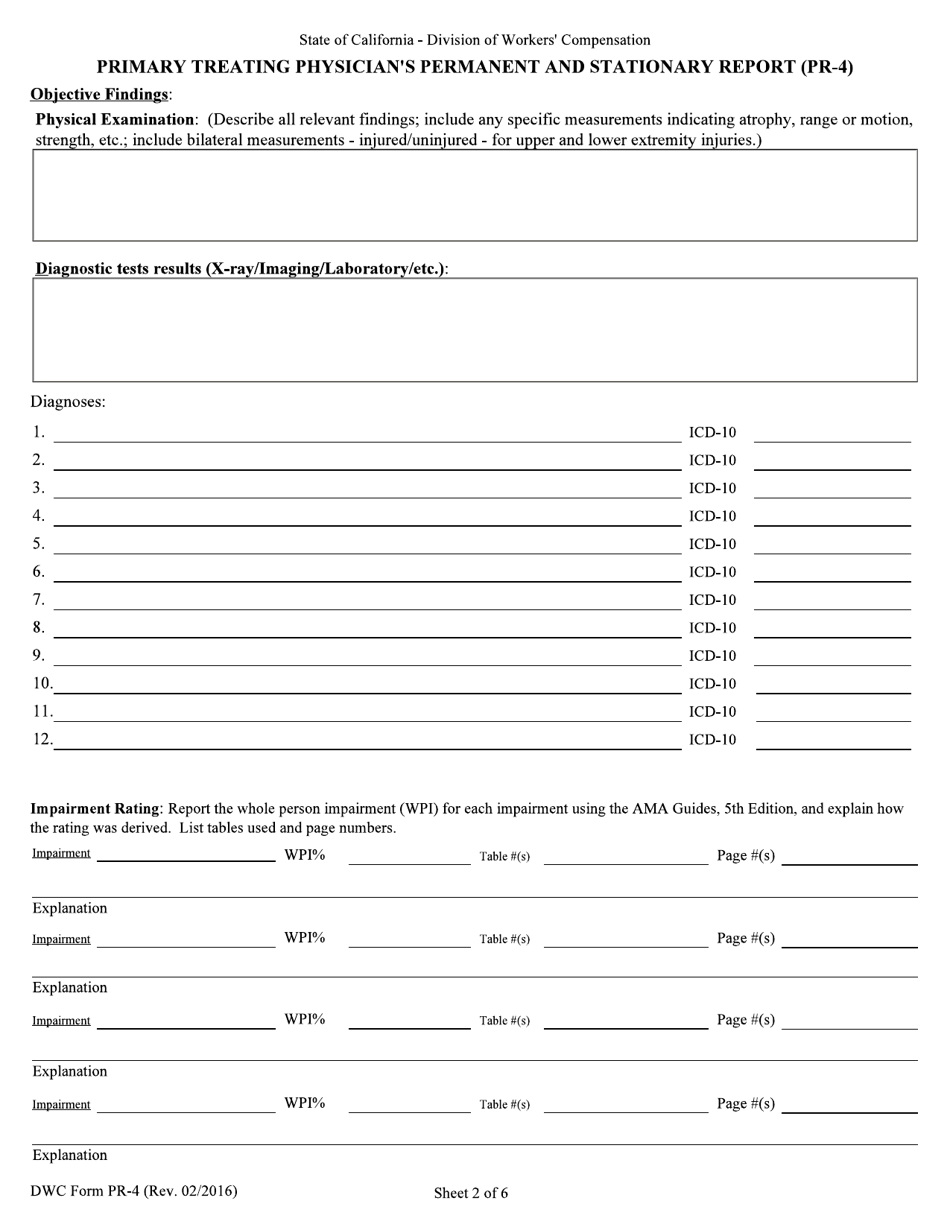 DWC Form PR-4 Primary Treating Physicians Permanent and Stationary Report - California, Page 2