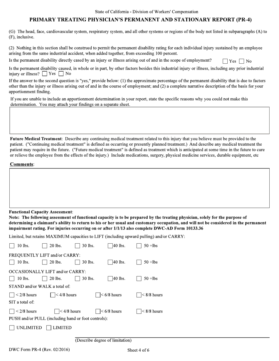 DWC Form PR-4 Primary Treating Physicians Permanent and Stationary Report - California, Page 4