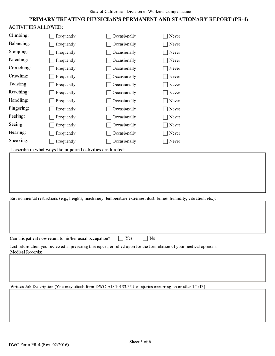 DWC Form PR-4 Primary Treating Physicians Permanent and Stationary Report - California, Page 5