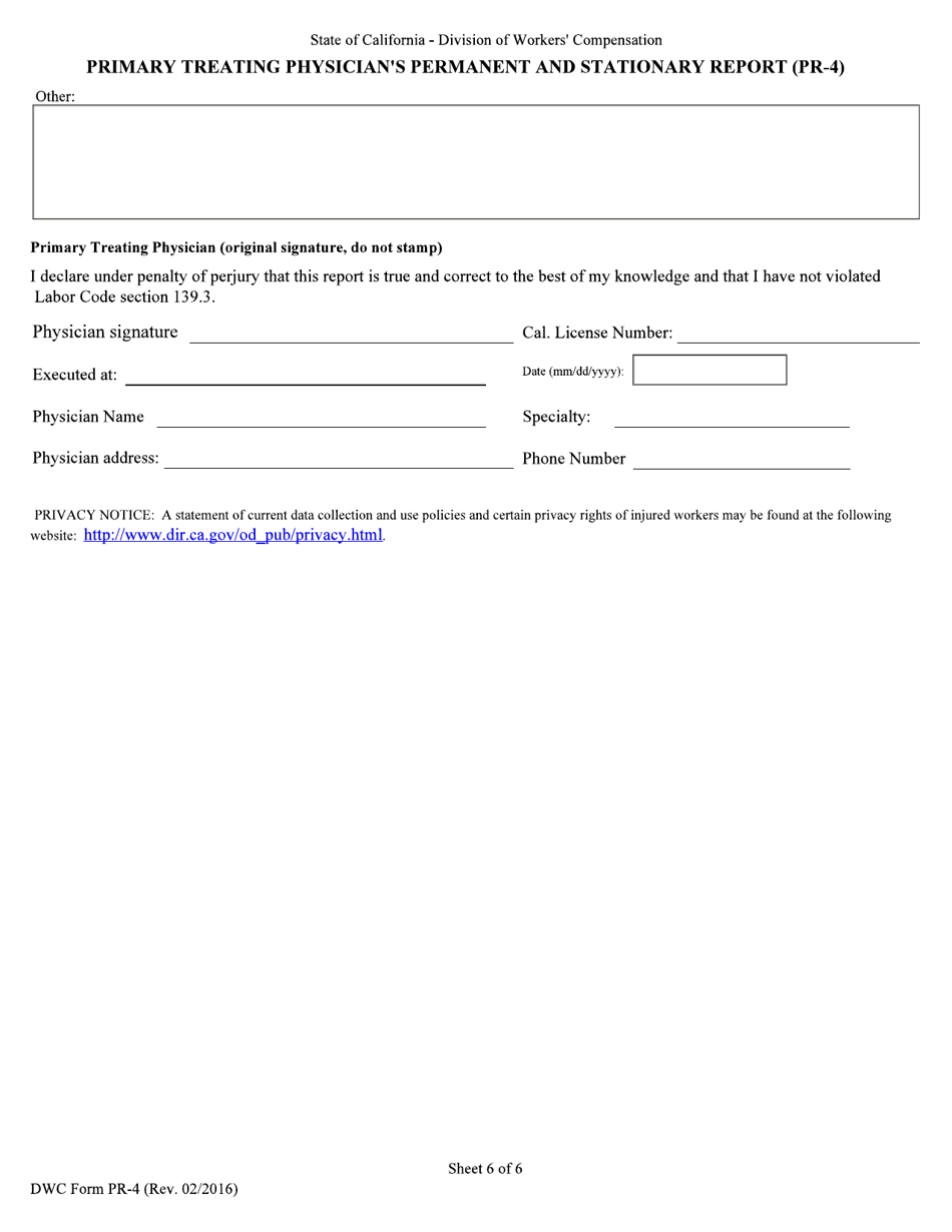 DWC Form PR-4 Primary Treating Physicians Permanent and Stationary Report - California, Page 6