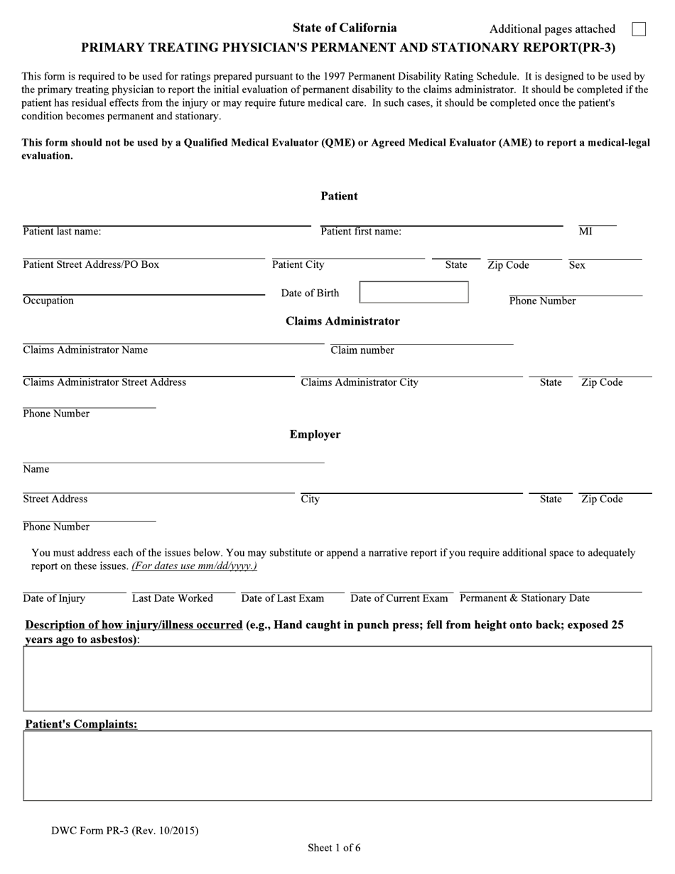 DWC Form PR-3 Primary Treating Physicians Permanent and Stationary Report - California, Page 1
