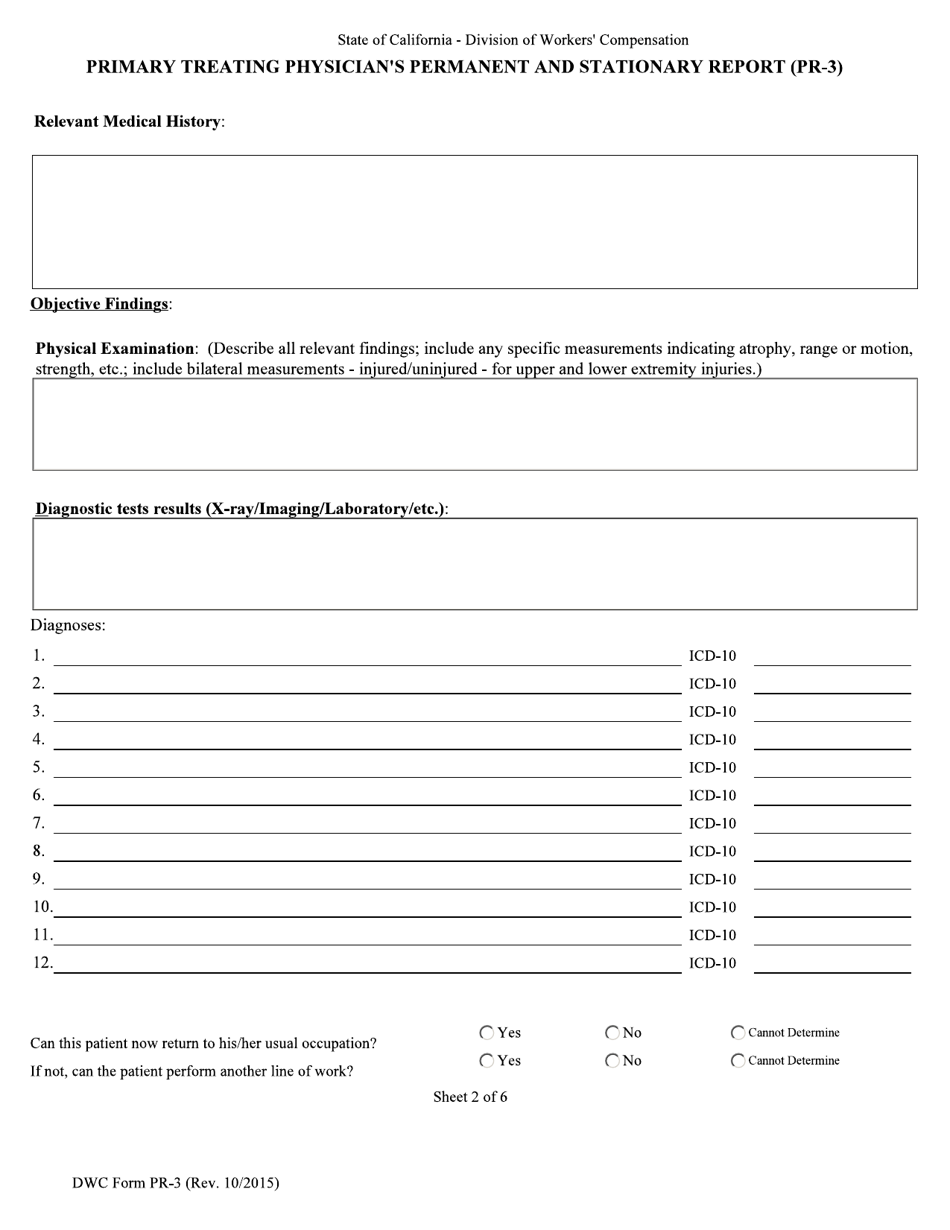 DWC Form PR-3 Primary Treating Physicians Permanent and Stationary Report - California, Page 2