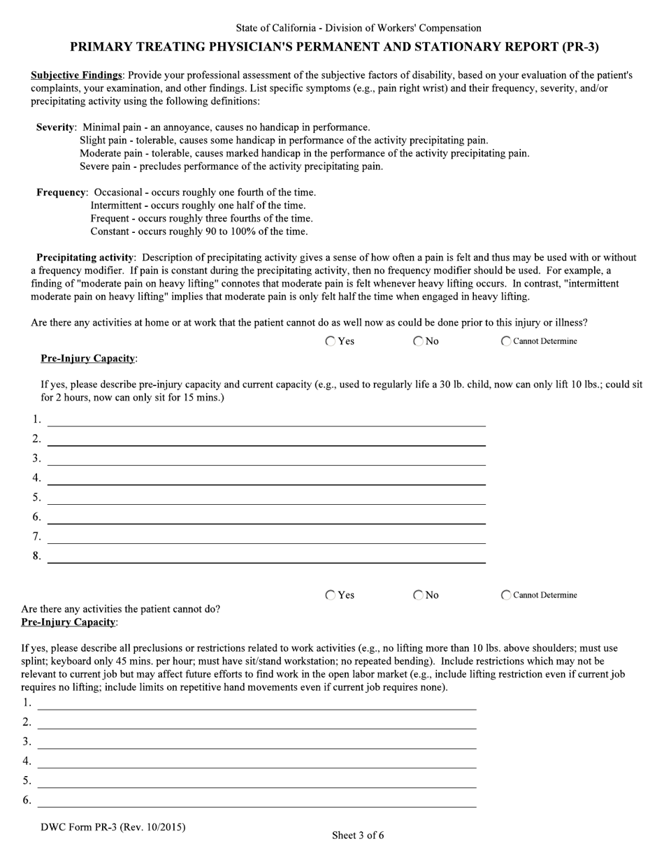 DWC Form PR-3 Primary Treating Physicians Permanent and Stationary Report - California, Page 3