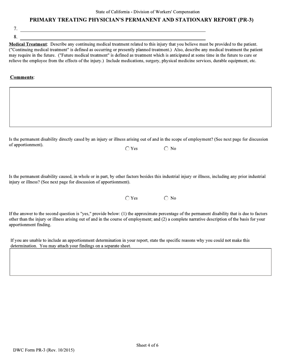 DWC Form PR-3 Primary Treating Physicians Permanent and Stationary Report - California, Page 4