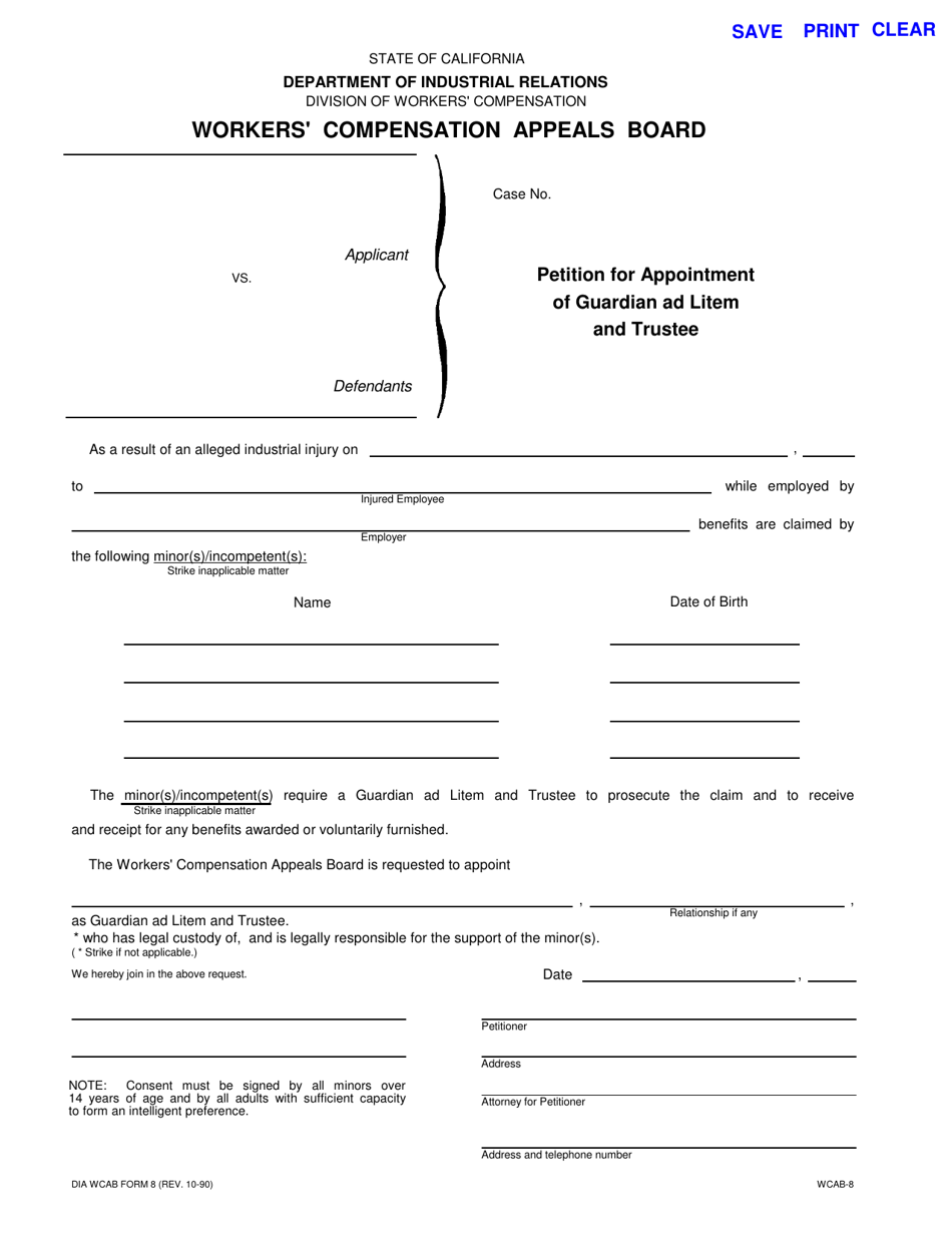 DWC / WCAB Form 8 Petition for Appointment of Guardian Ad Litem and Trustee - California, Page 1