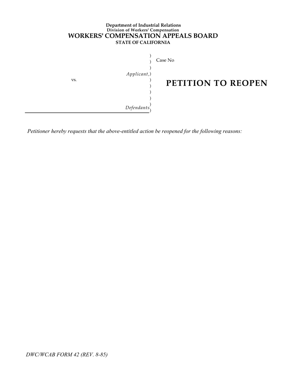 DWC / WCAB Form 42 Petition to Reopen - California, Page 1