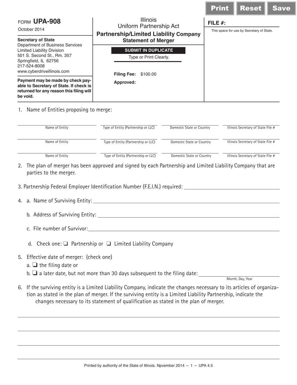 Form UPA-908 (UPA-4.5) Partnership / Limited Liability Company Statement of Merger - Illinois, Page 1