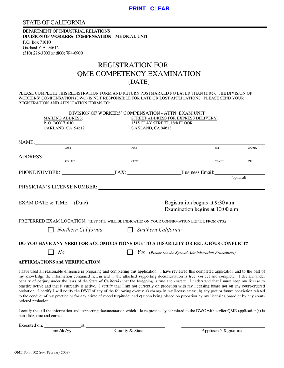 QME Form 102 Registration for Qme Competency Examination - California, Page 1