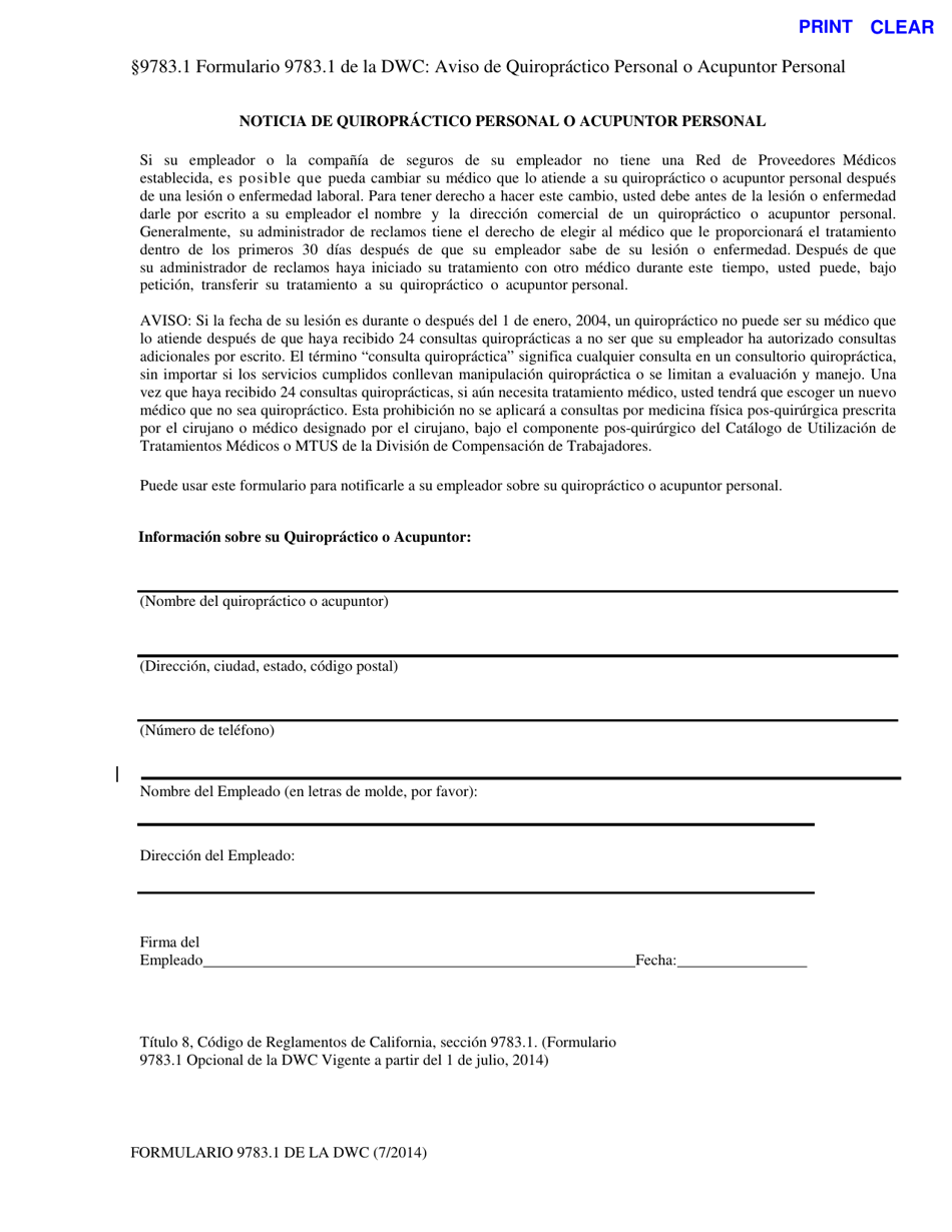 Formulario DWC9783.1 Noticia De Quiropractico Personal O Acupuntor Personal - California (Spanish), Page 1