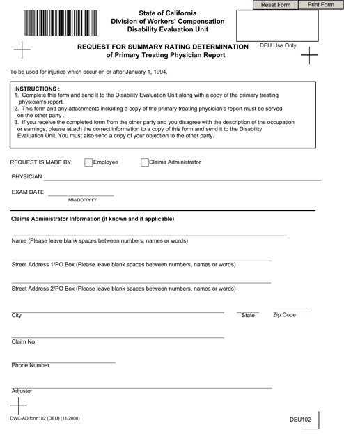 DWC-AD Form 102  Printable Pdf