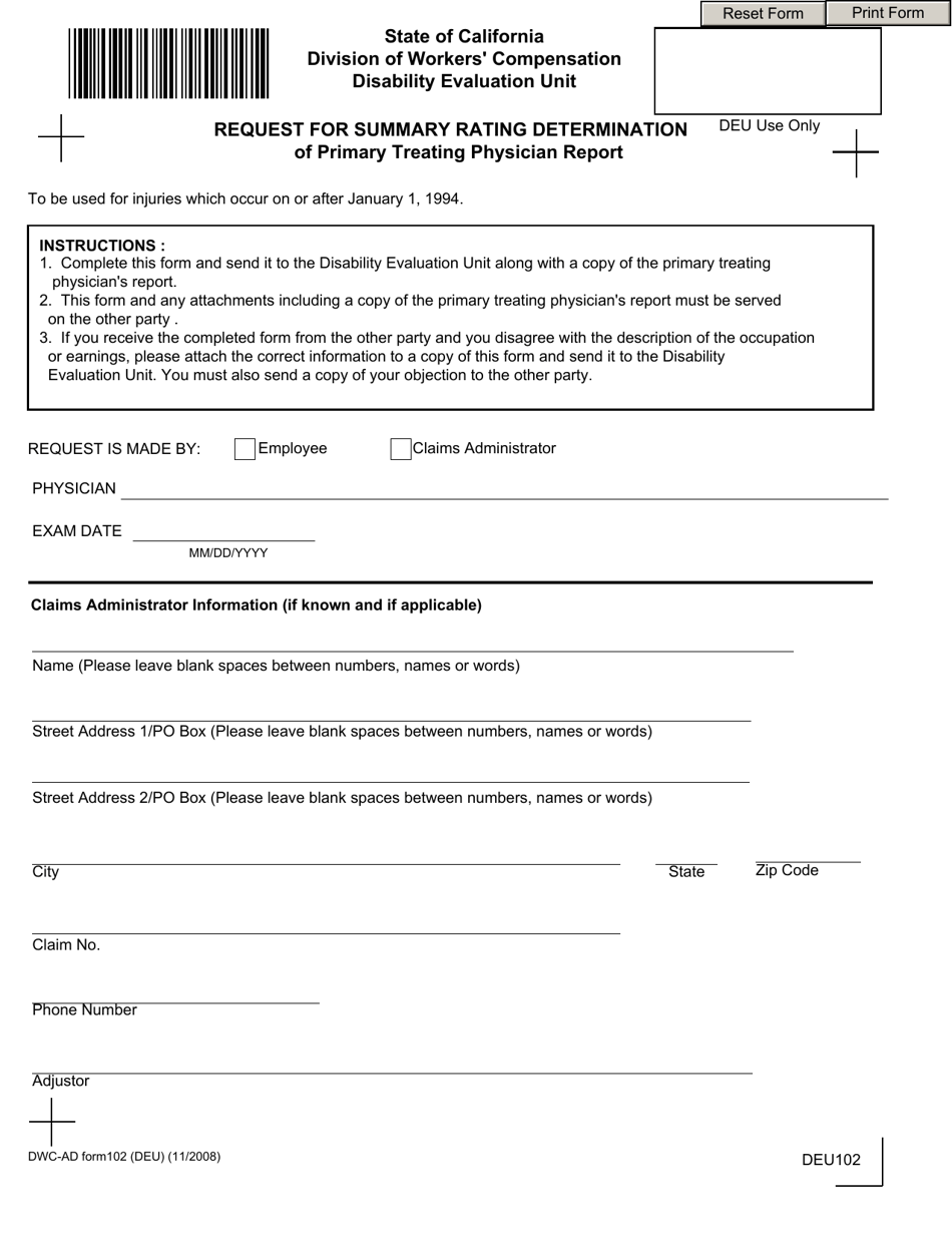 DWC-AD Form 102 Request for Summary Rating Determination of Primary Treating Physician Report - California, Page 1