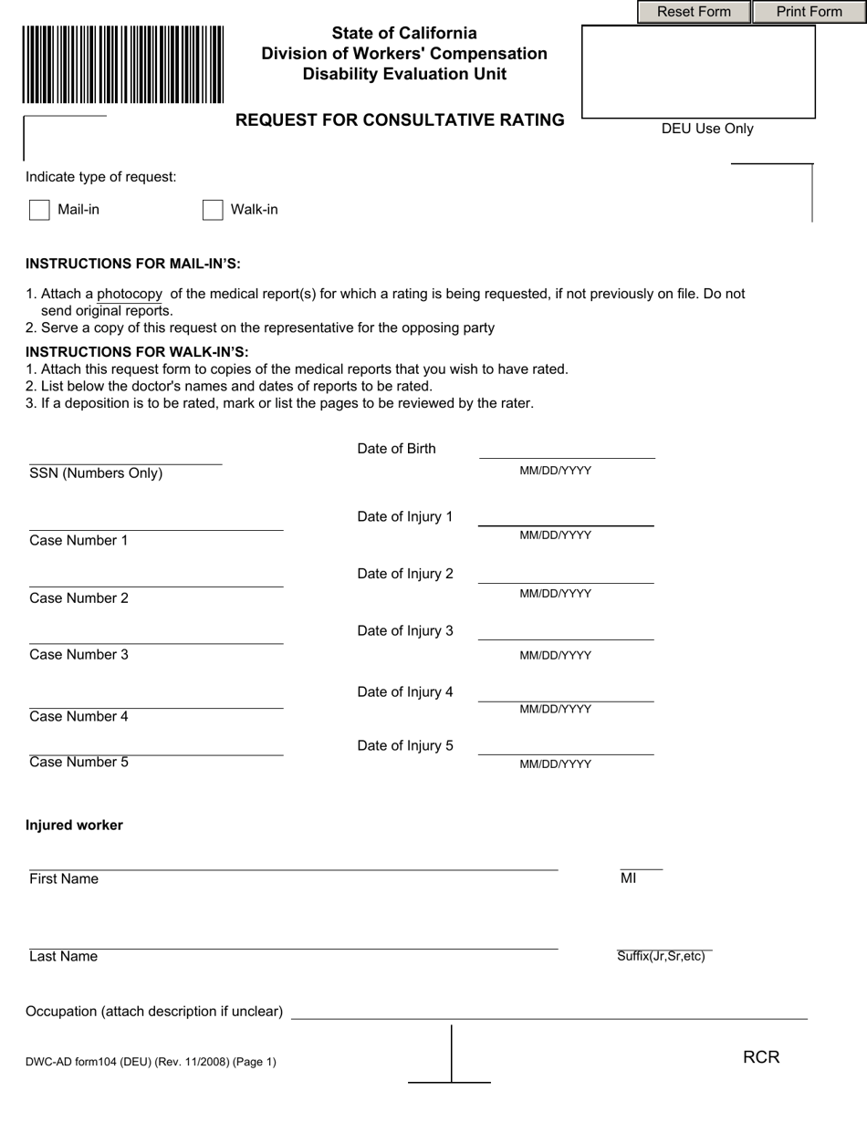 DWC-AD Form 104 Request for Consultative Rating - California, Page 1