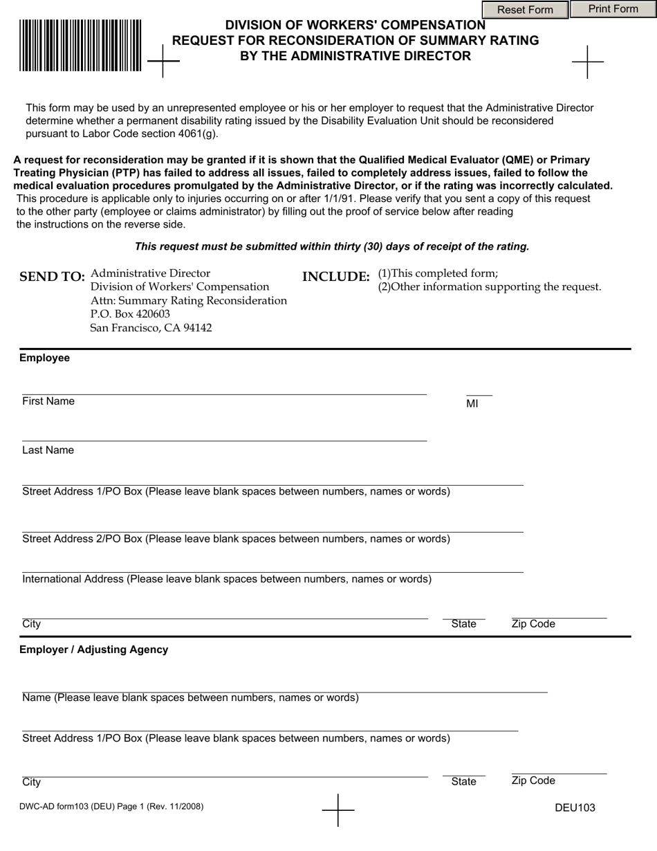DWC-AD Form 103 Request for Reconsideration of Summary Rating by the Administrative Director - California, Page 1