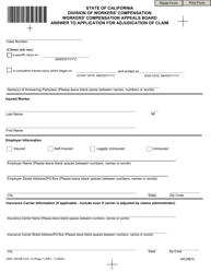 DWC/WCAB Form 10 &quot;Answer to Application for Adjudication of Claim&quot; - California