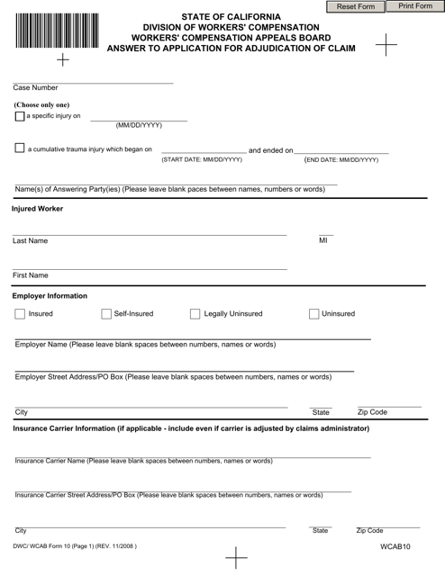 DWC/WCAB Form 10  Printable Pdf