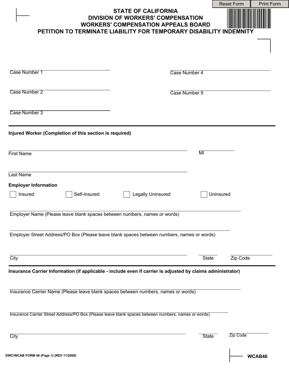 DWC / WCAB Form 46 Petition to Terminate Liability for Temporary Disability Indemnity - California, Page 1